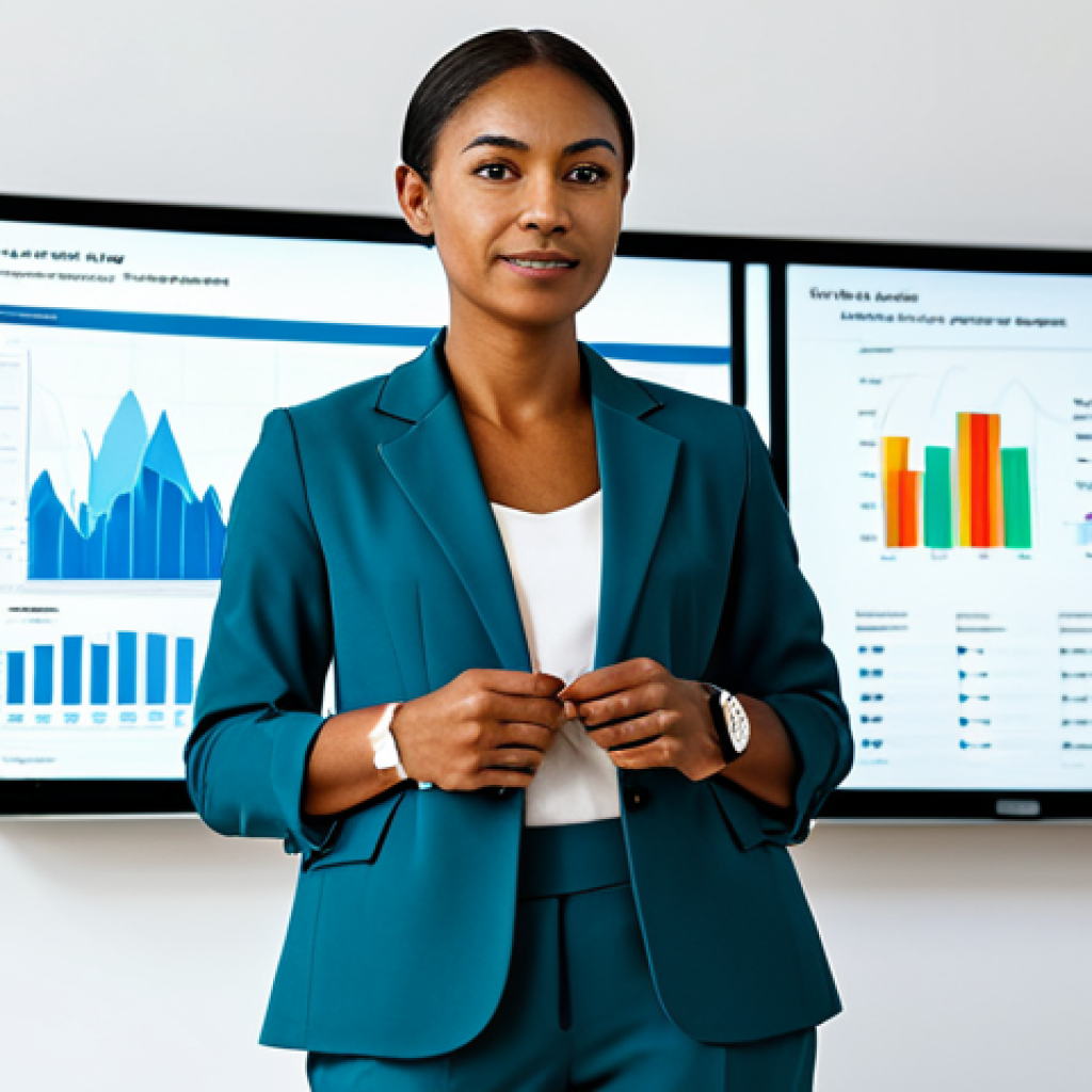 A professional woman, diverse ethnicity, in a modest, contemporary business blazer and trousers, stands confidently in a brightly lit, minimalist wellness clinic. She is looking at a holographic display of personalized health data, showing charts and graphs related to lifestyle optimization. The environment features subtle health tech elements in the background, conveying empowerment and clarity. fully clothed, appropriate attire, safe for work, appropriate content, perfect anatomy, correct proportions, well-formed hands, proper finger count, natural body proportions, natural pose, professional photography, high quality, family-friendly.