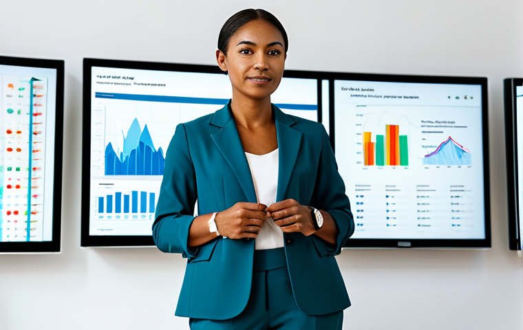 A professional woman, diverse ethnicity, in a modest, contemporary business blazer and trousers, stands confidently in a brightly lit, minimalist wellness clinic. She is looking at a holographic display of personalized health data, showing charts and graphs related to lifestyle optimization. The environment features subtle health tech elements in the background, conveying empowerment and clarity. fully clothed, appropriate attire, safe for work, appropriate content, perfect anatomy, correct proportions, well-formed hands, proper finger count, natural body proportions, natural pose, professional photography, high quality, family-friendly.