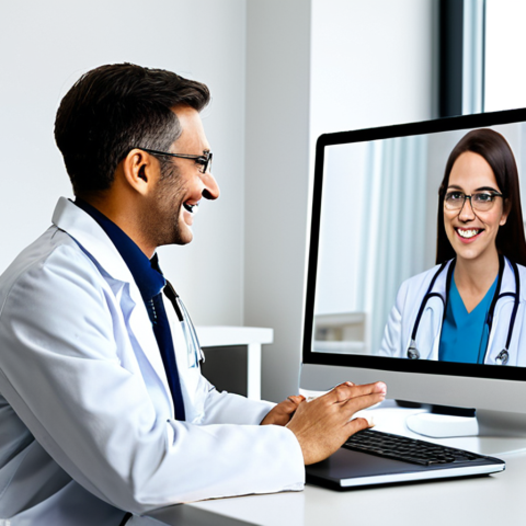 Telehealth Consultation**

"A doctor in a professional office setting, fully clothed in a white coat, conducting a video call with a patient (also fully clothed) on a laptop. The patient is smiling and relaxed. Modern, clean background. Safe for work, appropriate content, professional, perfect anatomy, natural proportions, family-friendly, well-formed hands, proper finger count, natural body proportions, modest clothing."

**