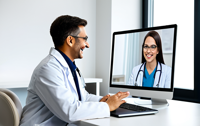 Telehealth Consultation**

"A doctor in a professional office setting, fully clothed in a white coat, conducting a video call with a patient (also fully clothed) on a laptop. The patient is smiling and relaxed. Modern, clean background. Safe for work, appropriate content, professional, perfect anatomy, natural proportions, family-friendly, well-formed hands, proper finger count, natural body proportions, modest clothing."

**