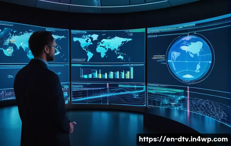 대중 건강 연구에서의 데이터 활용 - **Prompt**: A vibrant, high-tech control room bathed in soft, futuristic blue light. In the foregrou...