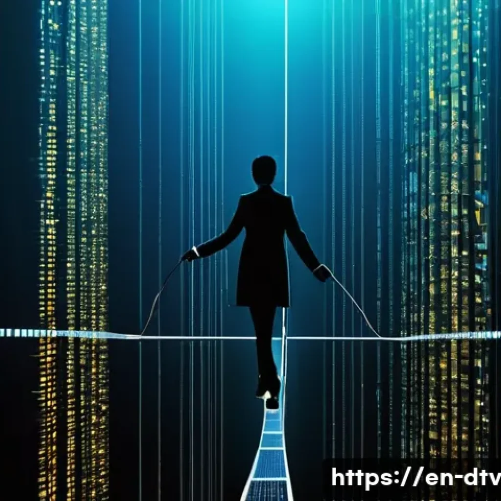 건강 데이터 생태계의 지속 가능성을 위한 제안 - **Prompt:** A diverse adult individual (e.g., a woman in her 30s) meticulously walking a tightrope m...
