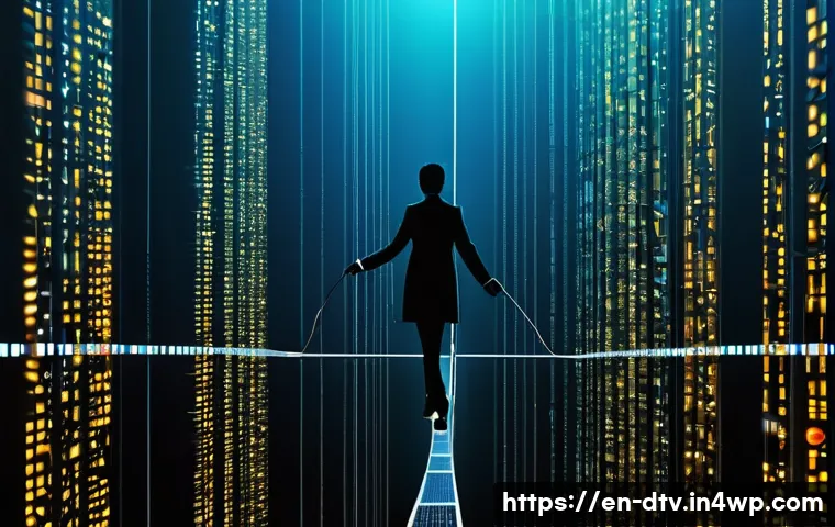건강 데이터 생태계의 지속 가능성을 위한 제안 - **Prompt:** A diverse adult individual (e.g., a woman in her 30s) meticulously walking a tightrope m...