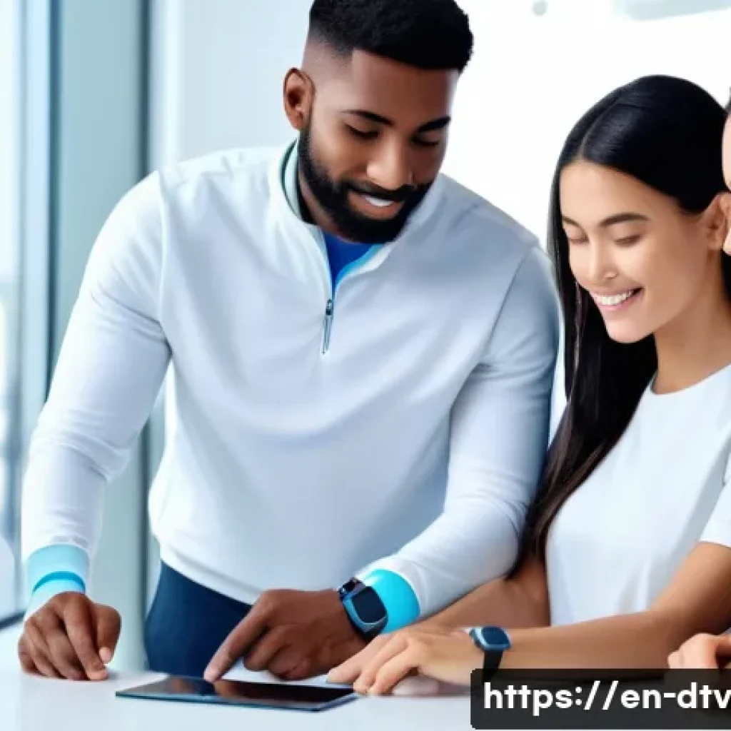 건강 데이터의 동향 및 미래 기술 - A futuristic healthcare scene featuring a diverse group of adults wearing sleek, modern smartwatches...