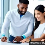 Home 19 건강 데이터의 동향 및 미래 기술 - A futuristic healthcare scene featuring a diverse group of adults wearing sleek, modern smartwatches...