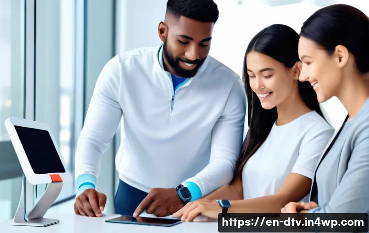 건강 데이터의 동향 및 미래 기술 - A futuristic healthcare scene featuring a diverse group of adults wearing sleek, modern smartwatches...