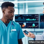 Home 18 건강 데이터 기반의 연구 결과 활용 - A futuristic healthcare setting showing a diverse group of patients wearing advanced smart wearables...