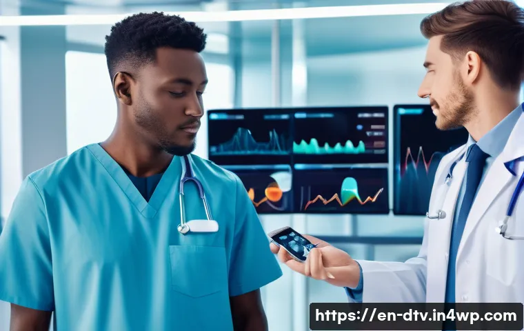 건강 데이터 기반의 연구 결과 활용 - A futuristic healthcare setting showing a diverse group of patients wearing advanced smart wearables...