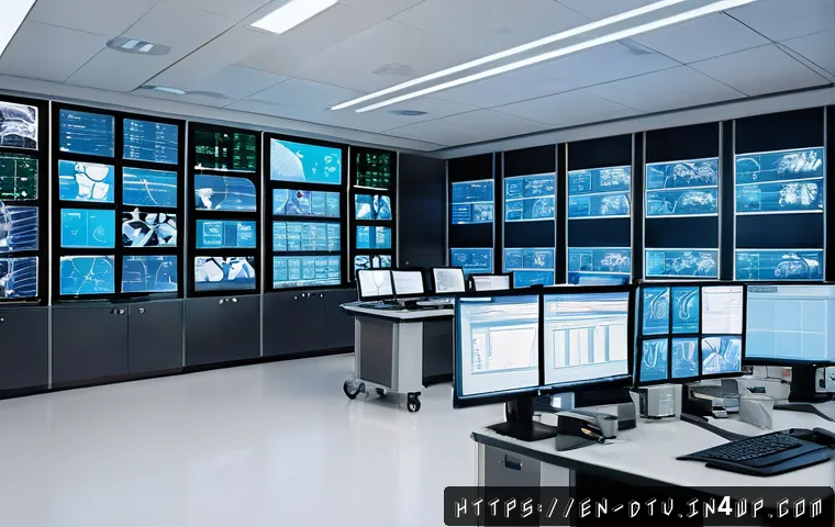 건강 데이터 생태계 구축을 위한 기술적 요구사항 - A futuristic healthcare control room showcasing seamless interoperability between diverse medical de...