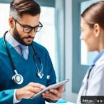 Home 16 개인 건강 데이터의 액세스 권한 문제 - A modern healthcare professional in a bright, clean clinic setting, interacting with a digital patie...