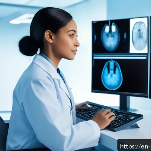 Home 27 건강 데이터와 인공지능의 협력 모델 - A modern hospital radiology room featuring a diverse female radiologist in professional attire revie...