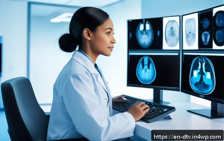 건강 데이터와 인공지능의 협력 모델 - A modern hospital radiology room featuring a diverse female radiologist in professional attire revie...