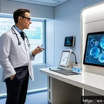 Home 20 건강 데이터 생태계의 사회적 영향 - A futuristic hospital consultation room where a middle-aged male doctor and a patient engage in a fo...