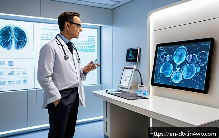건강 데이터 생태계의 사회적 영향 - A futuristic hospital consultation room where a middle-aged male doctor and a patient engage in a fo...