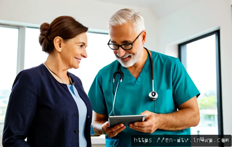 디지털 헬스 혁신의 현황과 미래 - Photorealistic modern primary care clinic, a friendly middle-aged doctor and an older adult patient ...